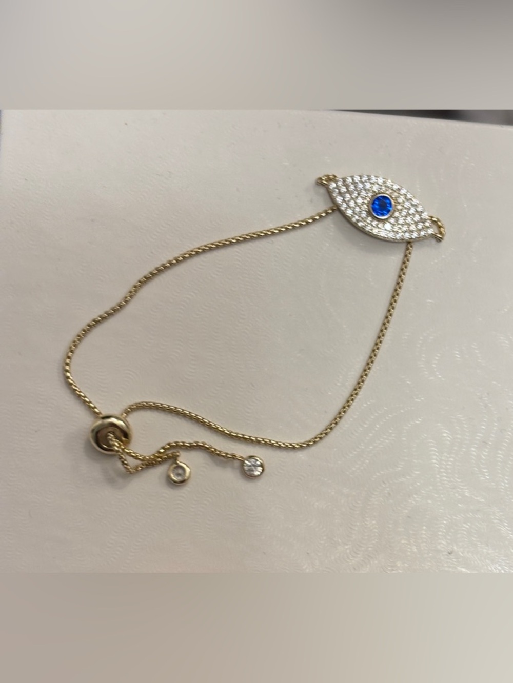 14K Gold Over 925 Evil Eye Bracelet Adjustable Bolo Blue CZ Pavé